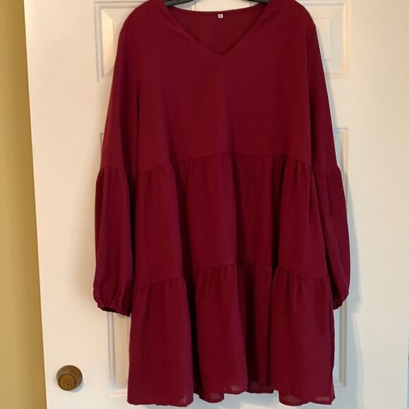 Size extra large burgundy BoHo dress with two tiers of ruffles - Picture 1 of 8